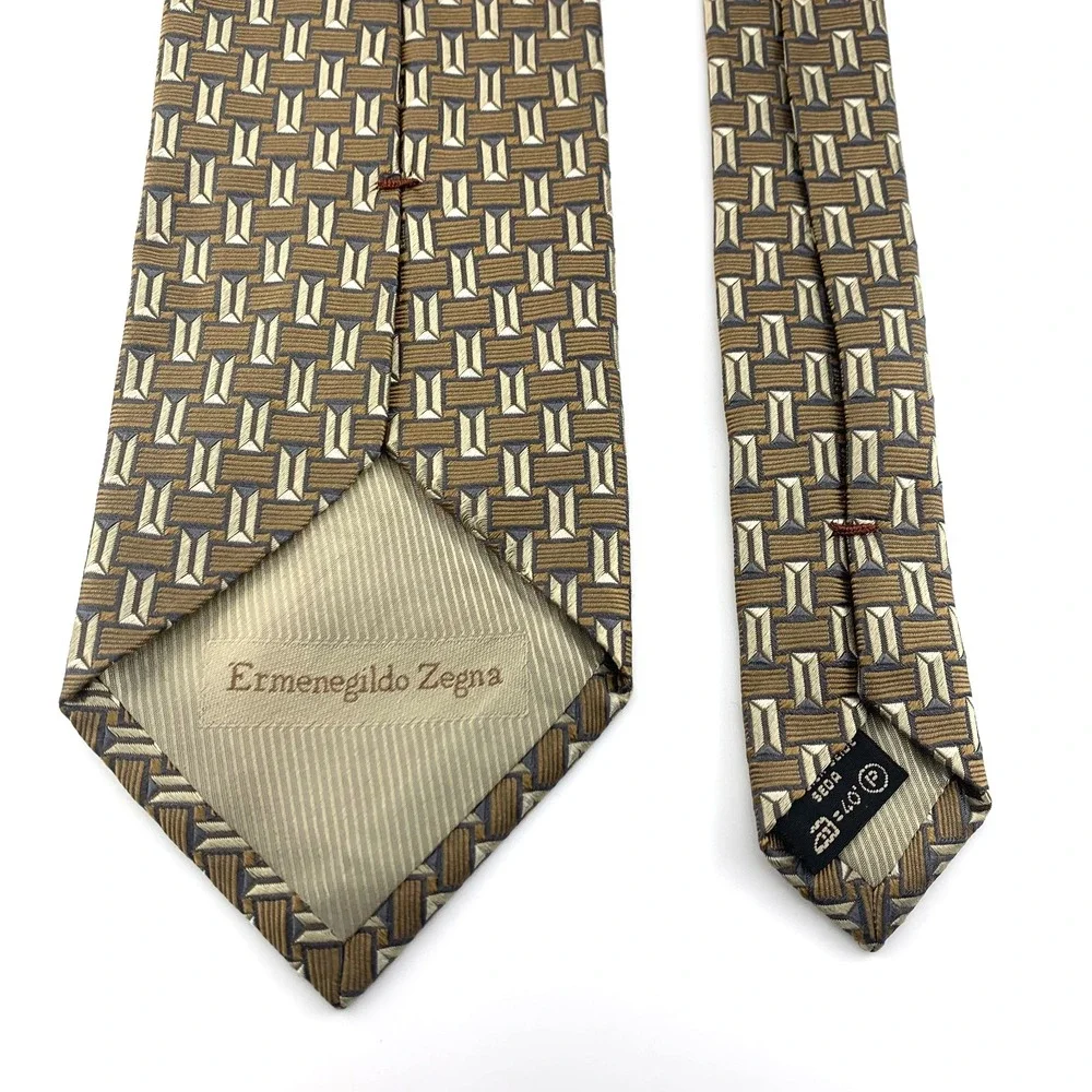 Ermenegildo Zegna Mens Tie Bronze & Gold‎ Geometric Repp 100% Silk Necktie